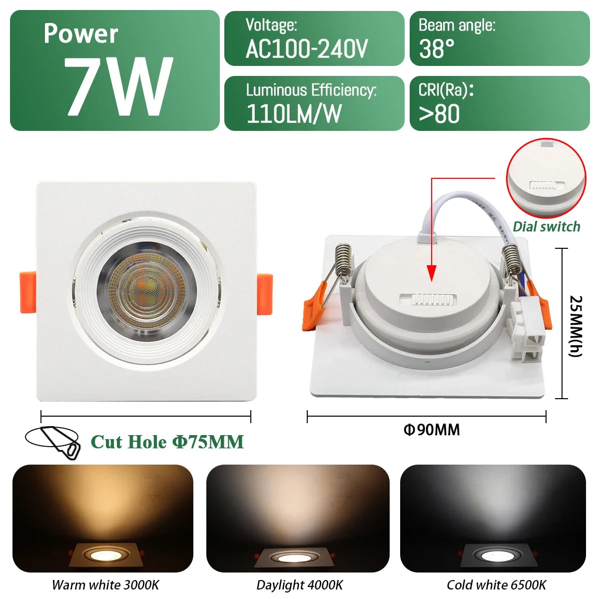 spot led blanc moderne 3000k 4000k 6500k interrupteur cct 75mm 90mm