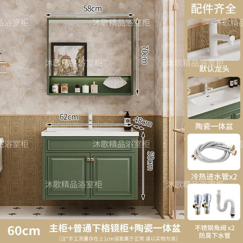 meuble salle bain vert tiroirs miroir vasque rangement classique fixé mur monté sol français