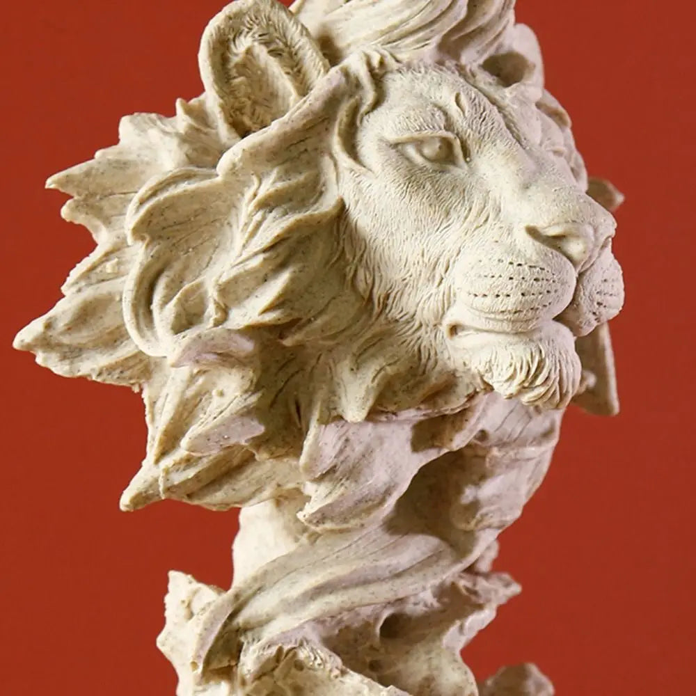 statue lion décorative bois imitation détaillée moderne ornement entrée beige doré argenté