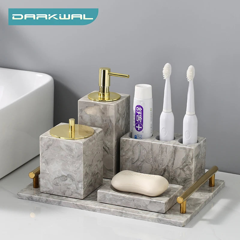 ensemble produits salle bain marbre gris marbré moderne élégant distributeur savon porte gobelets porte