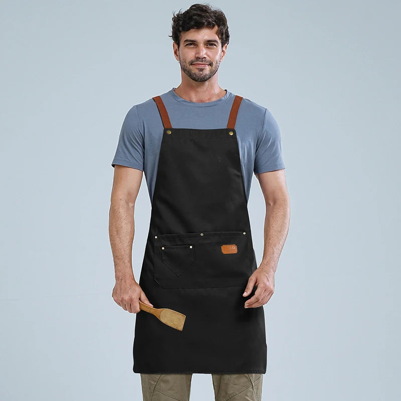 tablier cuisine noir bleu marine gris uni polyester croisé classique poche avant cuir nettoyage