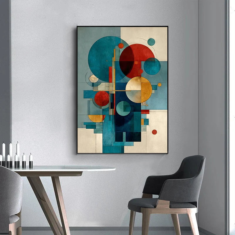 toile d'art abstrait moderne composition géométrique bleu rouge beige noir