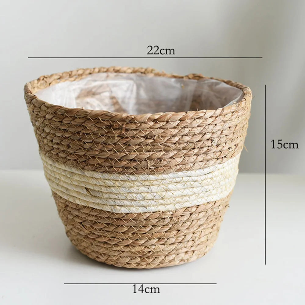 panier pliable osier tissé motifs réguliers poignées cuir naturel rustique jardin