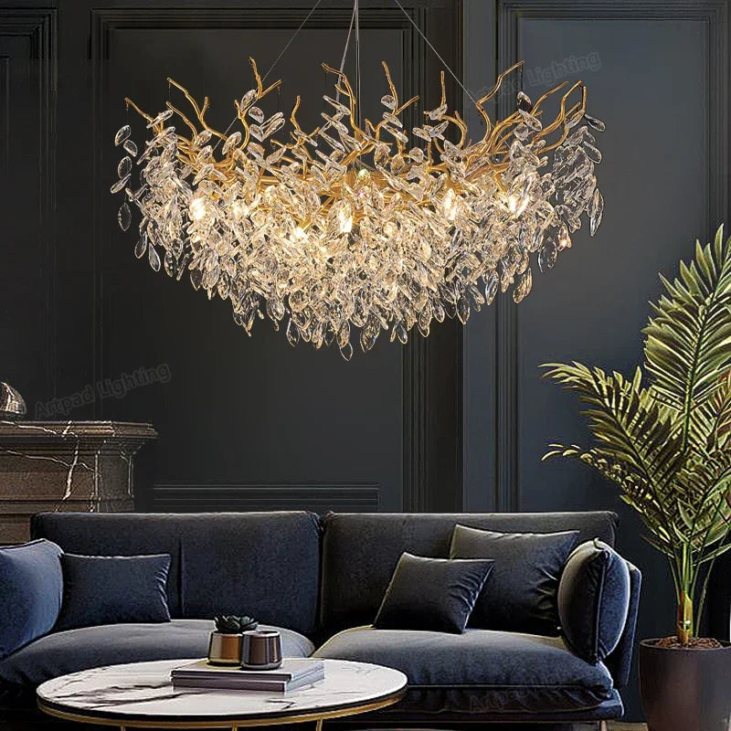 Suspension lumineuse contemporaine transparente dorée branches feuilles LED 100cm