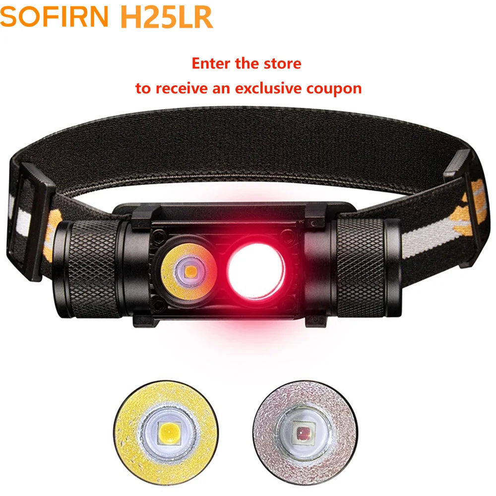 lampe frontale rechargeable led 1200 lumens 5000k cri 90 torche rouge 660nm bande ajustable