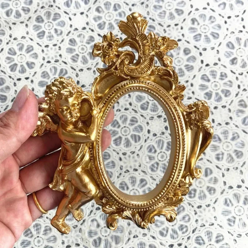 cadre photo rétro or relief floral baroque vintage shabby chic angel figurine round rectangular