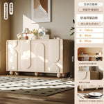 meuble rangement moderne bois motifs géométriques beige clair pieds ronds