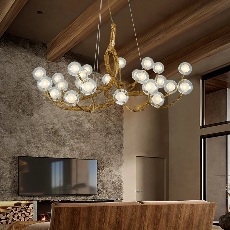 lampe suspendue moderne dorée branches naturelles 12 boules verre chaînes métalliques salon chambre