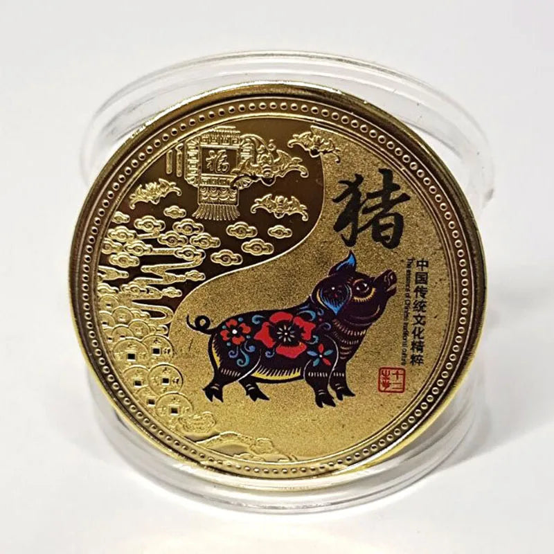 médailles zodiaque chinois animaux symboles yin yang decoration florale or rouge noire bleu verte