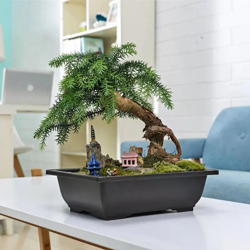 pot bonsaï rectangulaire noir moderne décor miniature maison pagode herbe artificielle