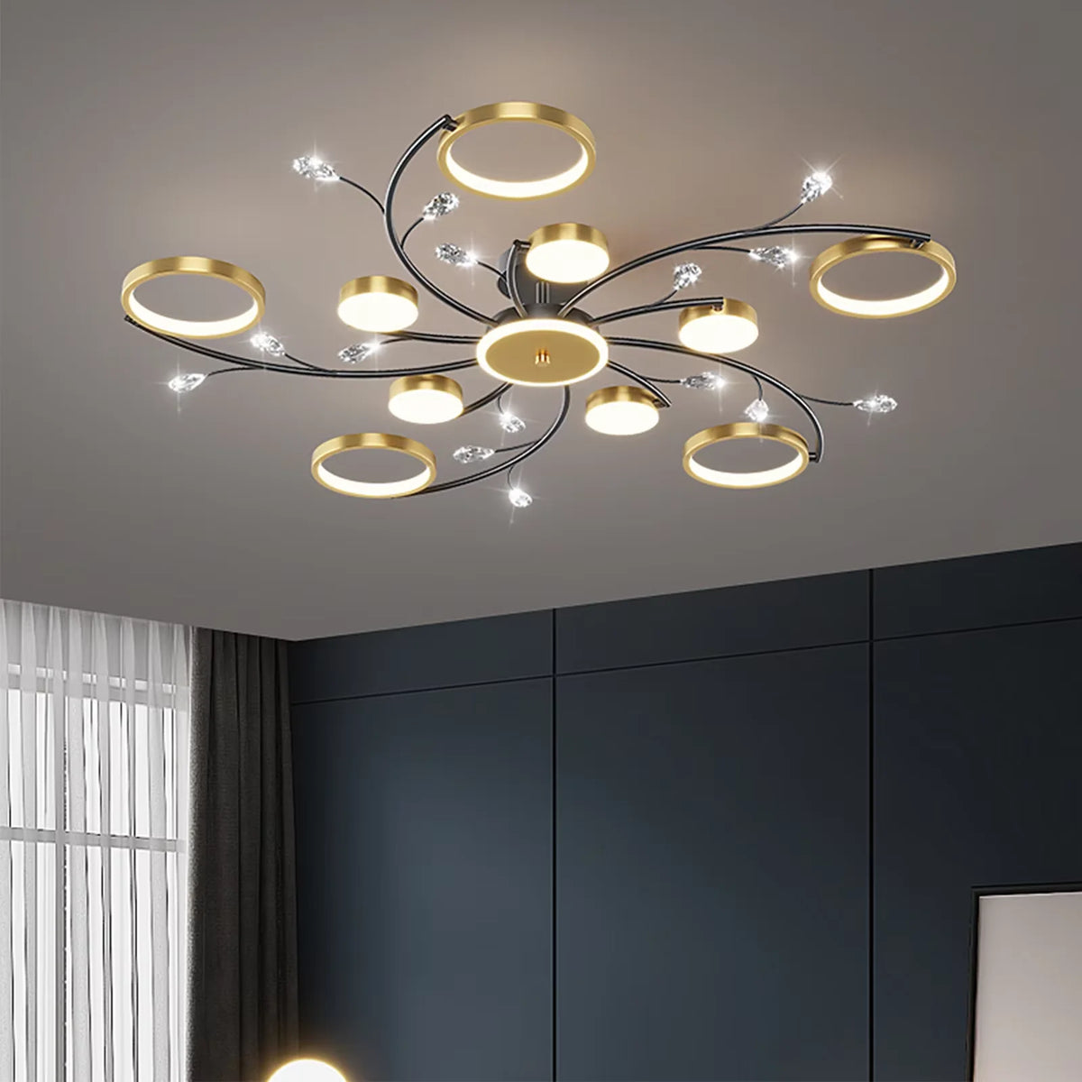 plafonnier led or noir floral éclairage moderne télécommande suspension chambre salon
