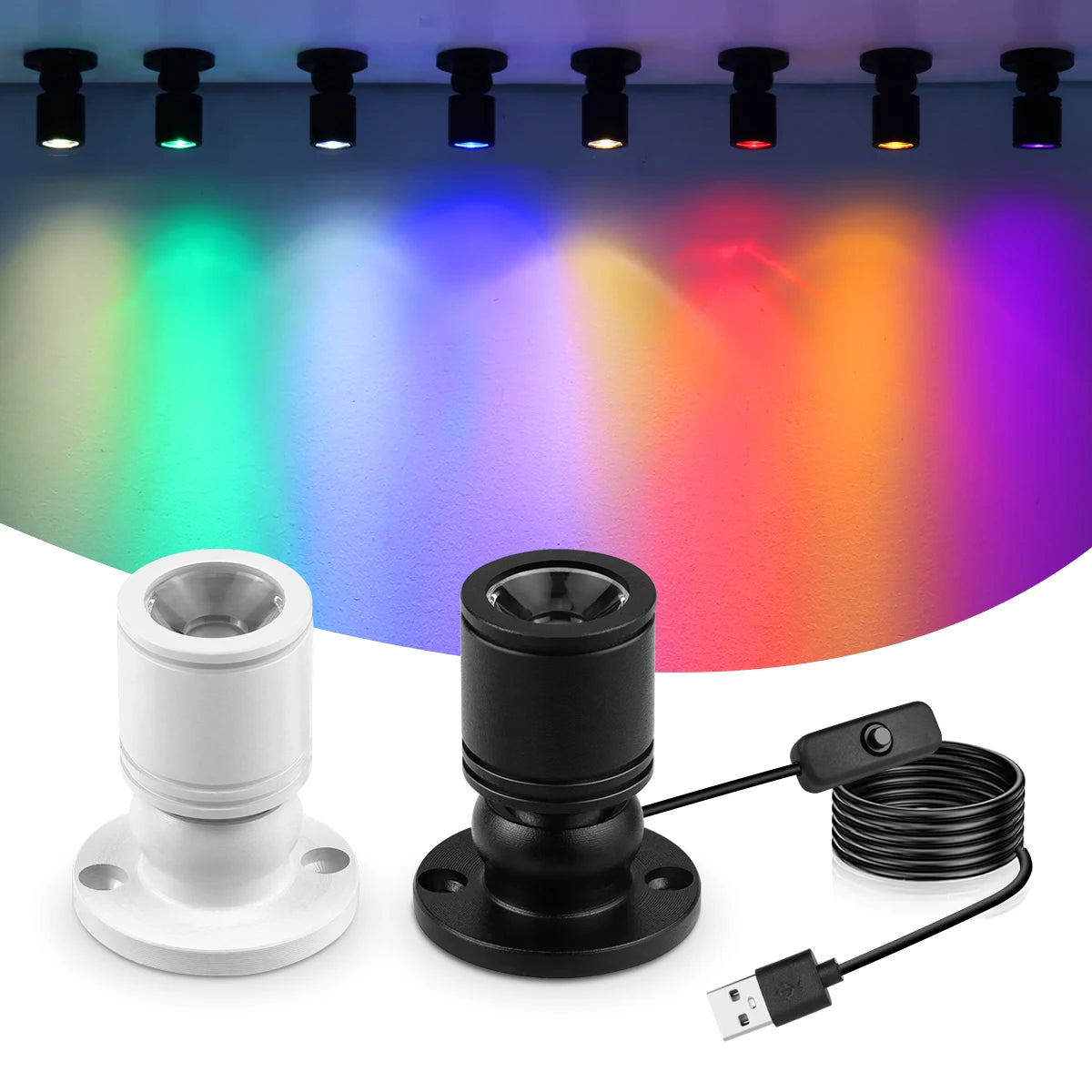 projecteur led spot lumineux rotatif blanc noir transparent moderne cable usb interrupteur on off