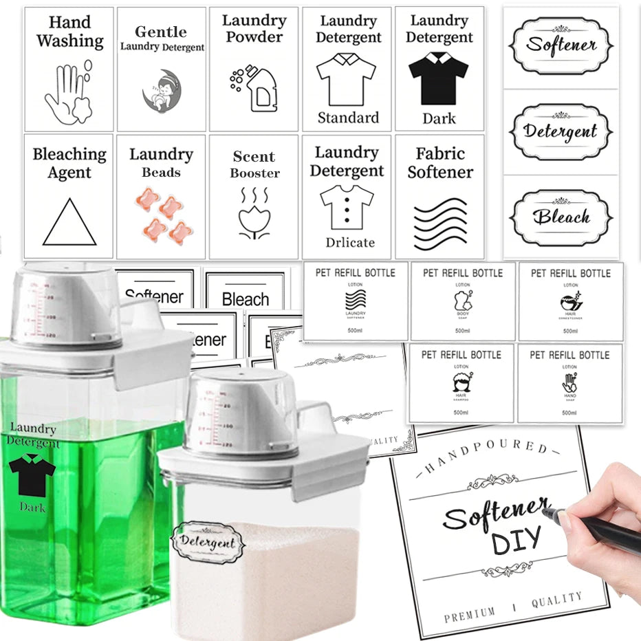 étiquettes autocollantes lessive savon détergent buanderie blanc moderne minimaliste pvc opaques bouteilles pumpe produits
