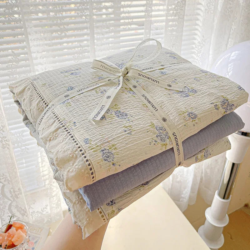 ensemble literie fleuri coton 100% blanc pastel romantique taies d'oreiller drap plat