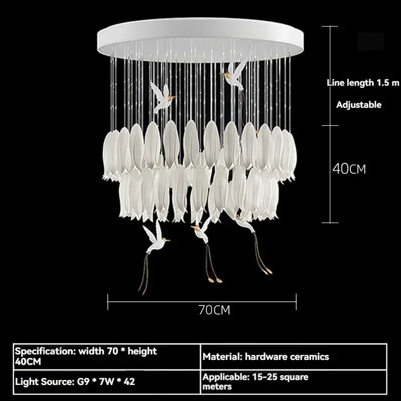 suspension lumineuse moderne blanc feuilles fines chaines minimaliste led