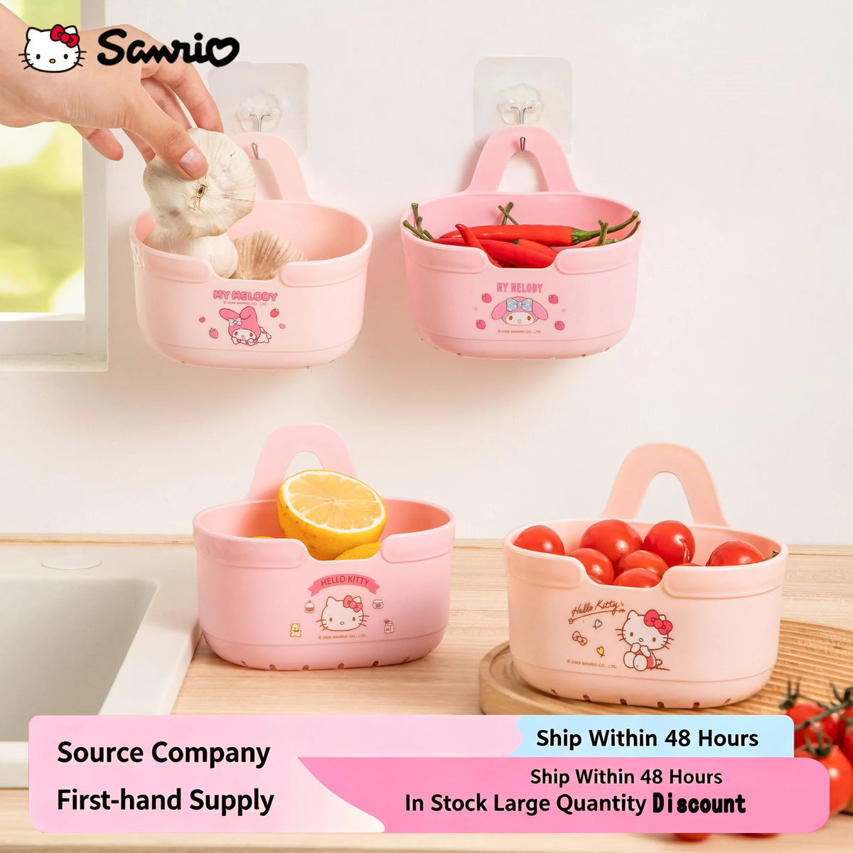 panier rangement rose hello kitty clips adhésifs réutilisable moderne enfantin cuisine.storage sacs