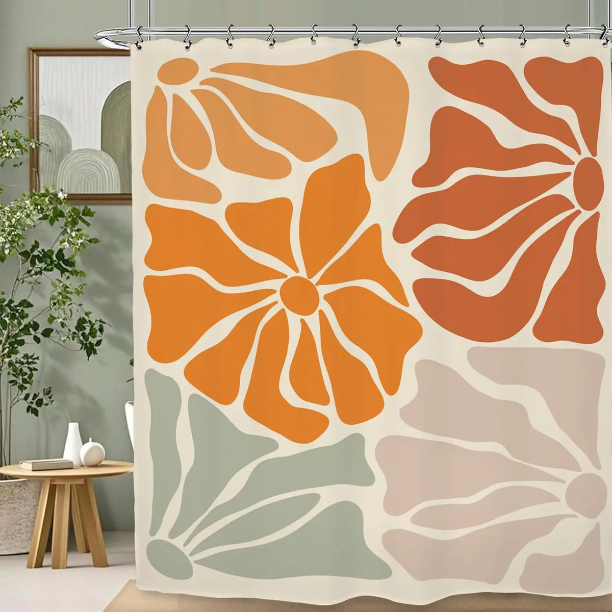 rideau douche floral géométrique orange rouille vintage 180x200cm polyester