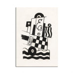 Une composition géométrique et abstraite en noir et blanc, composée de formes simples et de lignes ondulées.