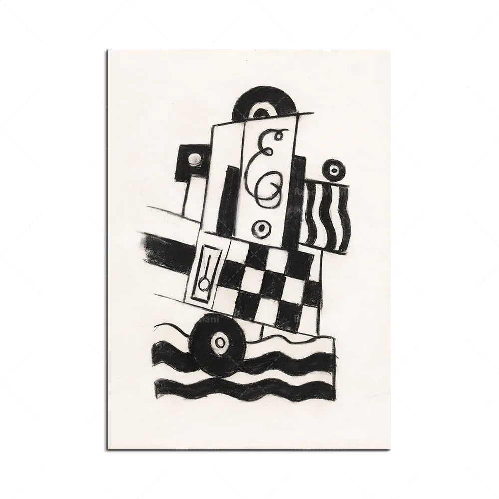 Une composition géométrique et abstraite en noir et blanc, composée de formes simples et de lignes ondulées.