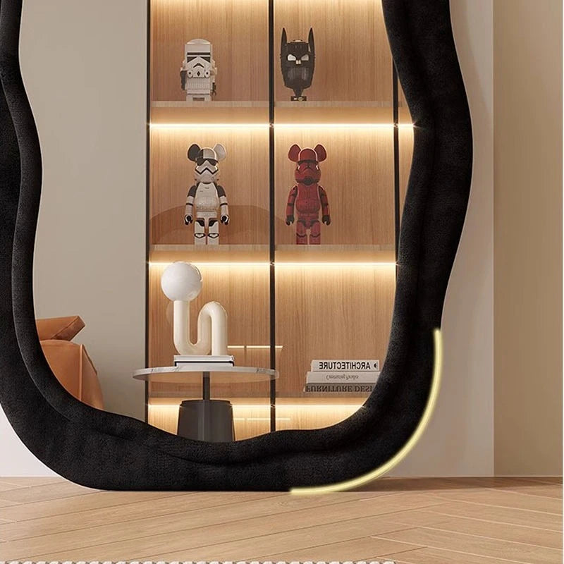 grand miroir vertical moderne cadre bois tissu velours salon chambre