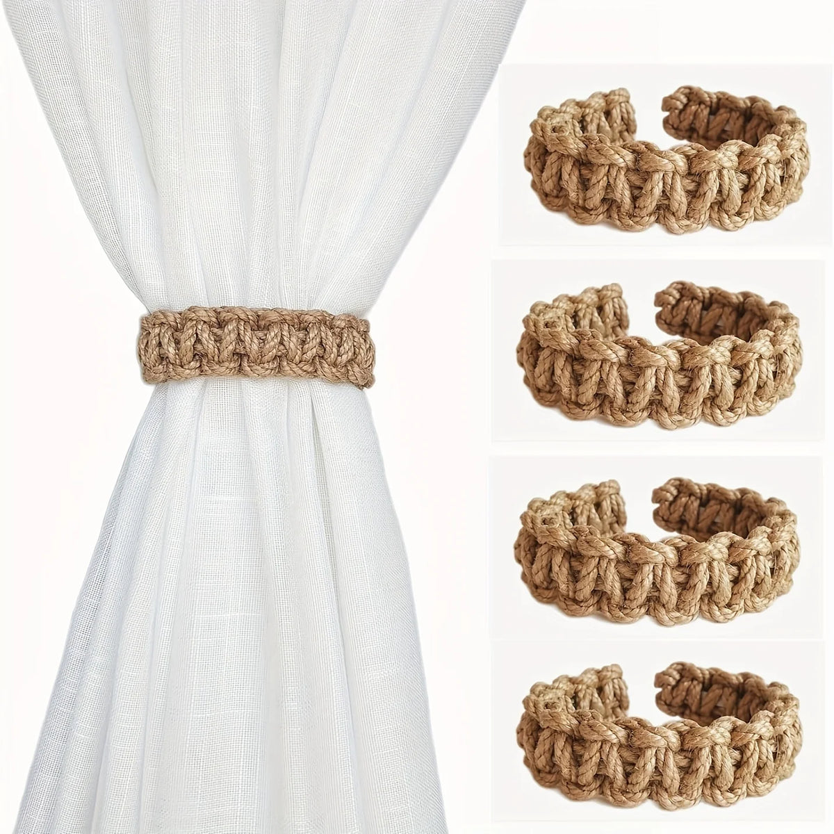 rideau clip tissé main rustique bois beige artisanal 4pcs fixe salon chambre