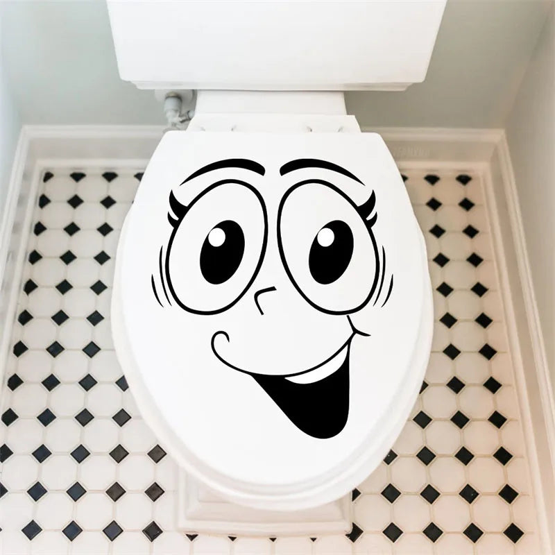 sticker autocollant toilette visage souriant dessin animé simple pvc noir inclusion chambre bains décoration