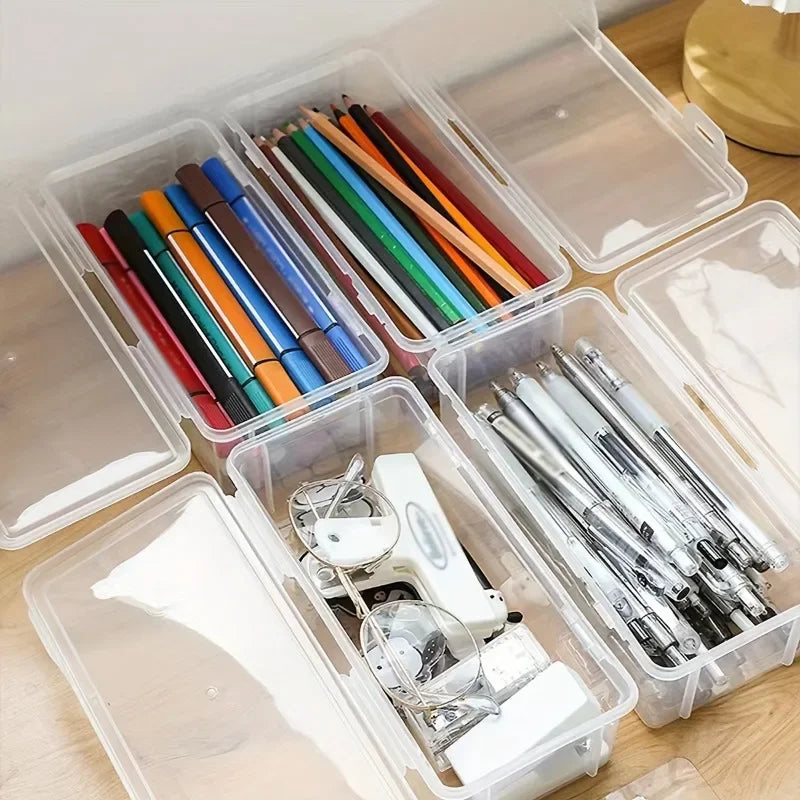 boîtes rangement transparentes empilables crayons stylos moderne pratiques clips gommes étiquettes autocollantes fournitures scolaires