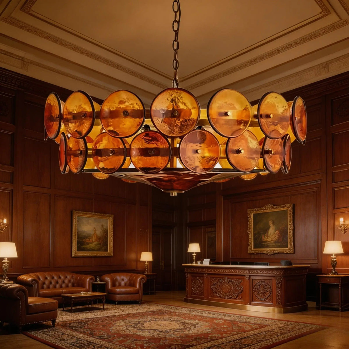 suspension lumineuse moderne élégante verre orange rond translucide chaîne métallique