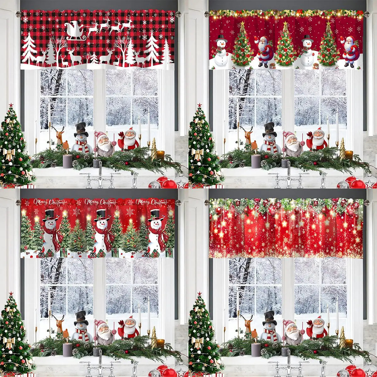 rideau fenêtre noël rouge blanc noir bonhomme neige flocon sapin renne opacité traditionnel clips