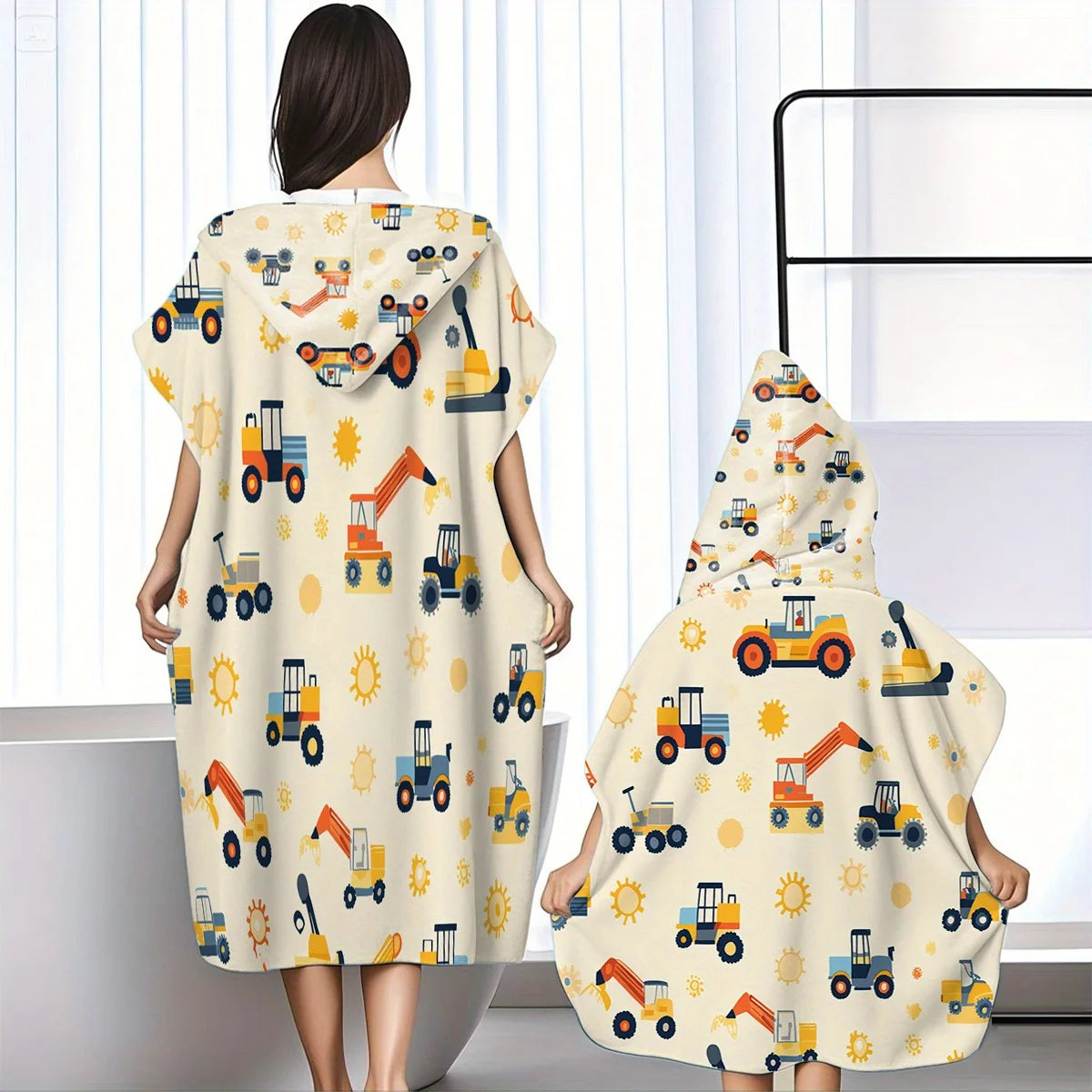 serviette plage polyester capuche tracteur excavatrice soleils moderne enfant beige clair absorption rapide