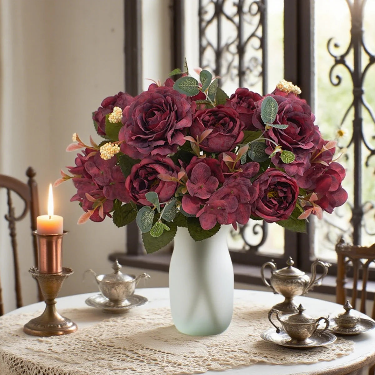 bouquet fleurs artificielles soie roses hortensias pivoines décoration mariage anniversaire intérieur moderne élégant
