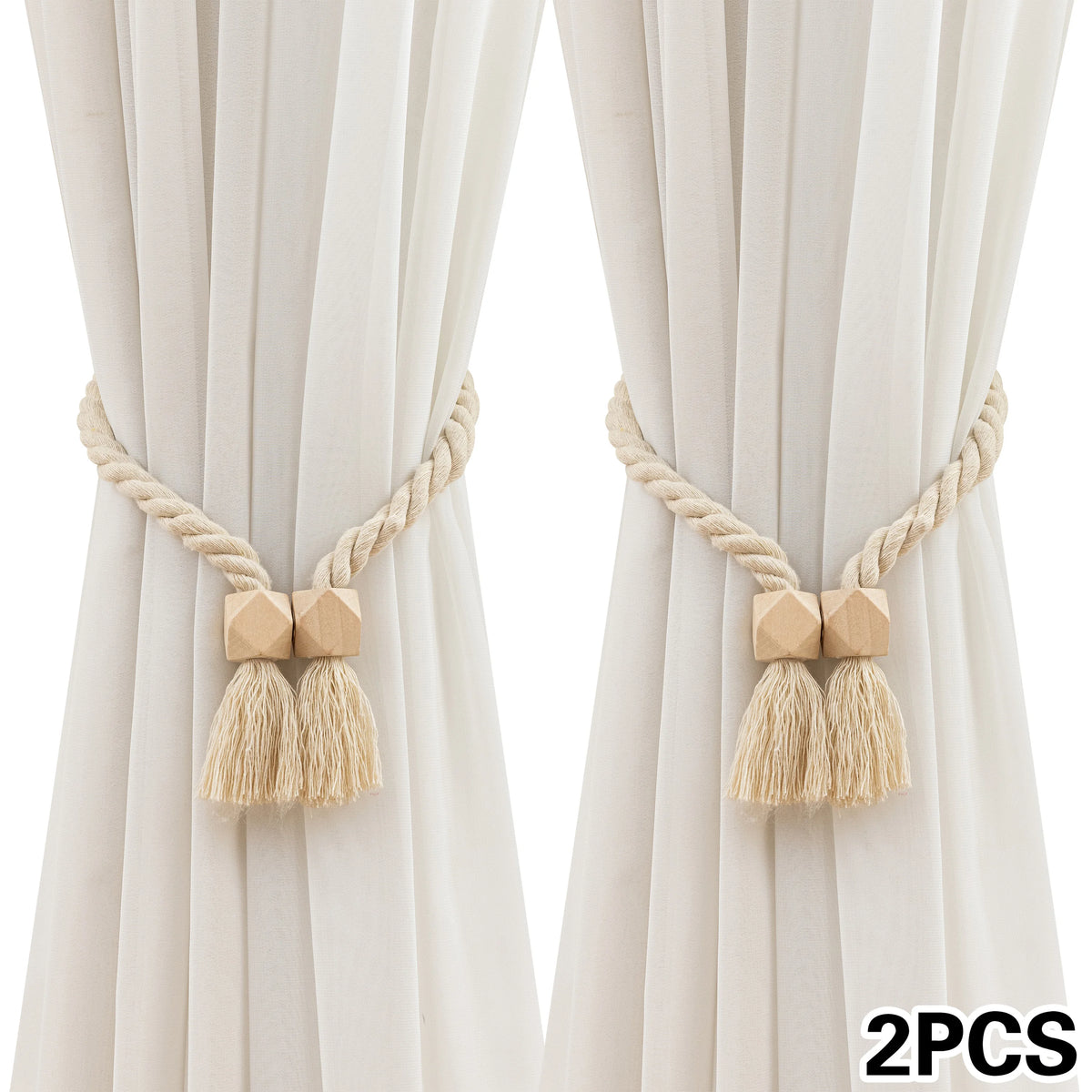 rideau polonais moderne ruban fenêtre tissé corde pompons bois beige clair 70cm
