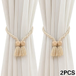 rideau polonais moderne ruban fenêtre tissé corde pompons bois beige clair 70cm