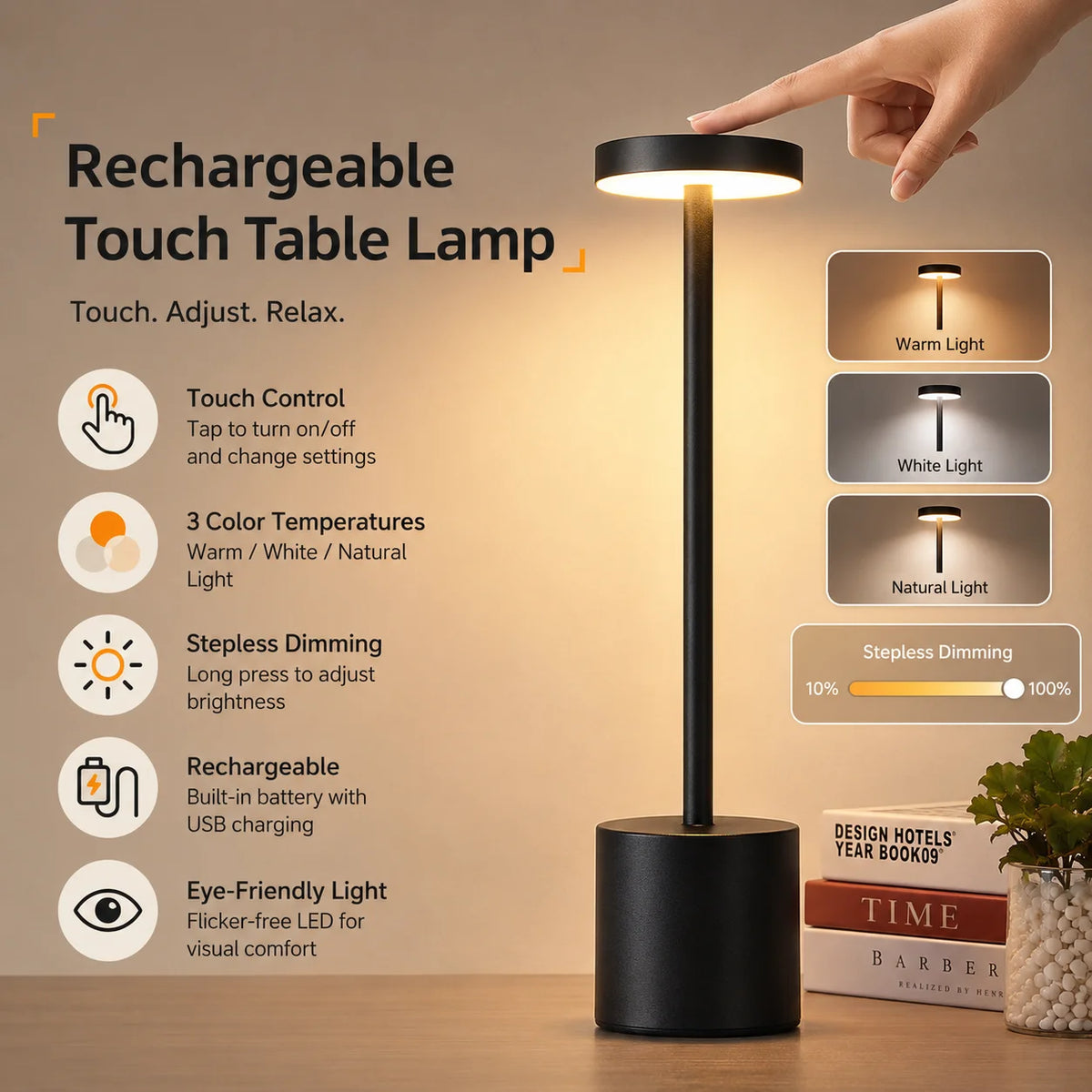lampe table rechargeable sans fil led tactile noir moderne 60lm couleurs réglables minimaliste