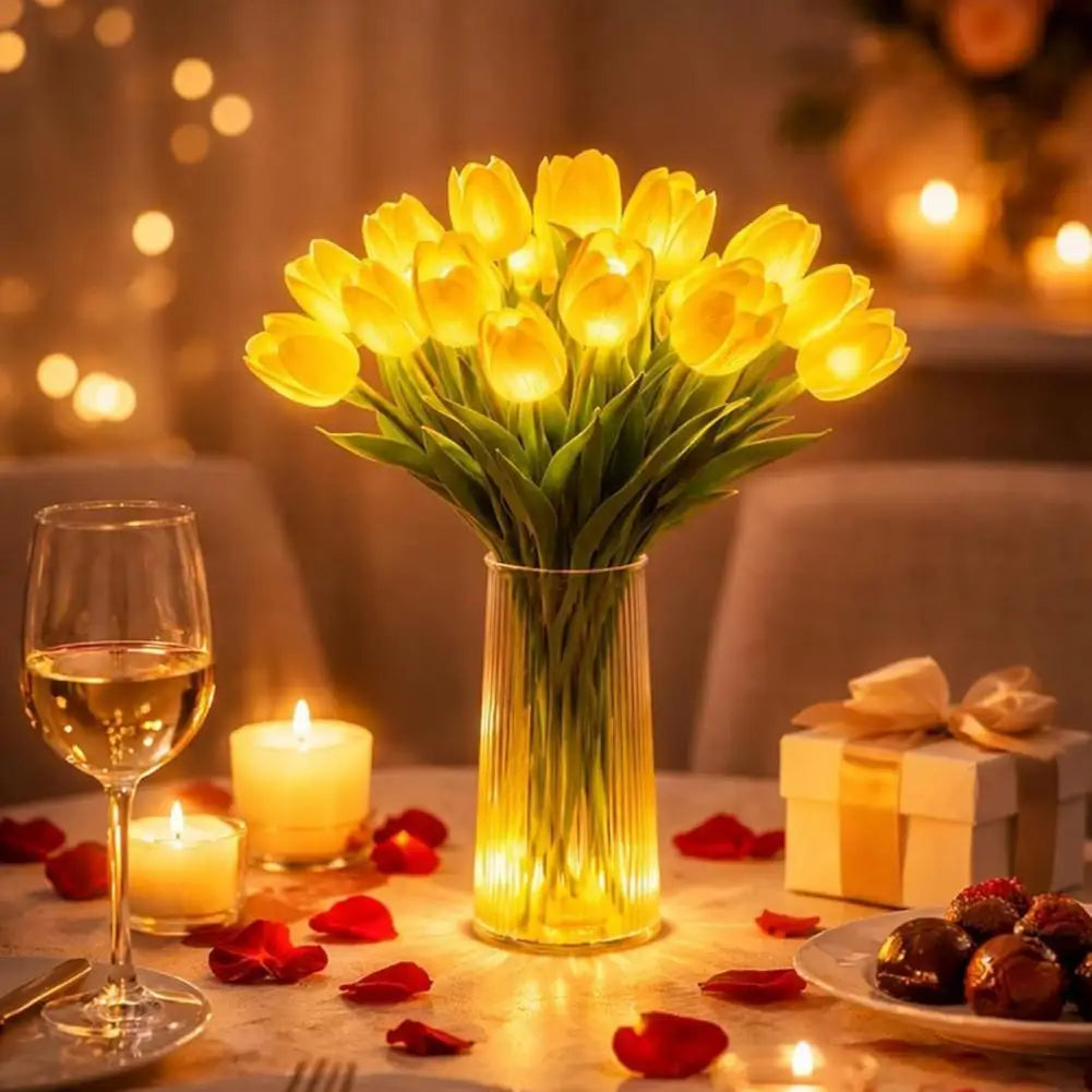 bouquet fleurs tulipes artificielles lumineuses led vase décoration chambre cadeau saint valentin rose jaune