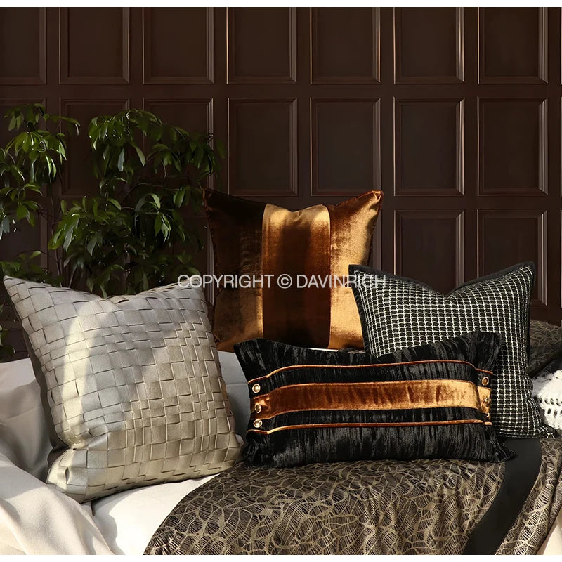 taies d'oreiller jacquard patchwork moderne rayées marron doré élégantes respectueuses environnement adhésives maison