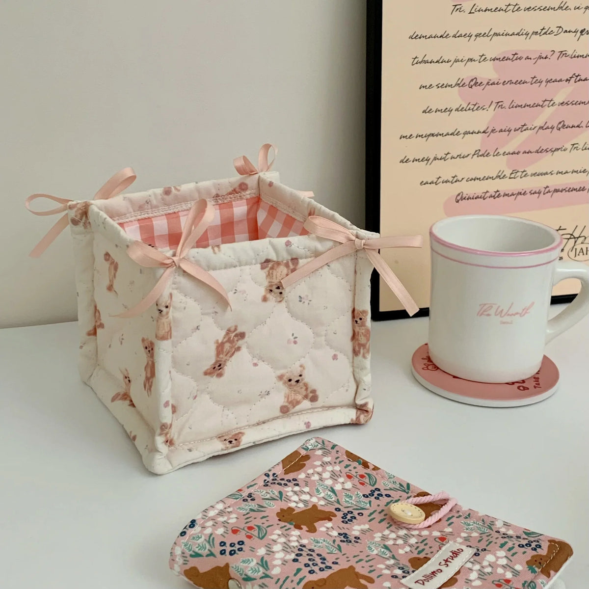 paniers rangement vichy ours fleurs blanc rose violet texturés rubans décoratifs organisateur cosmétiques