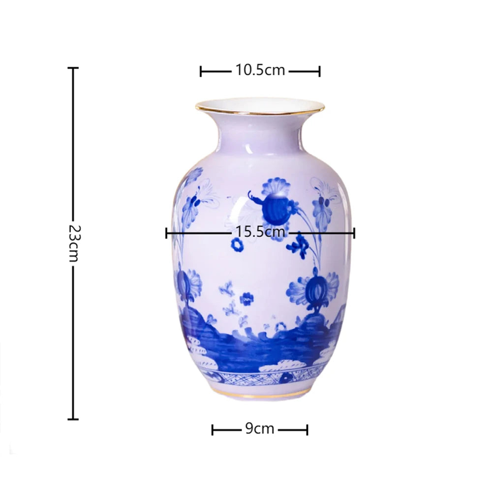 vase céramique motif floral bleu blanc décoration maison fleurs artificielles peonies rose violet