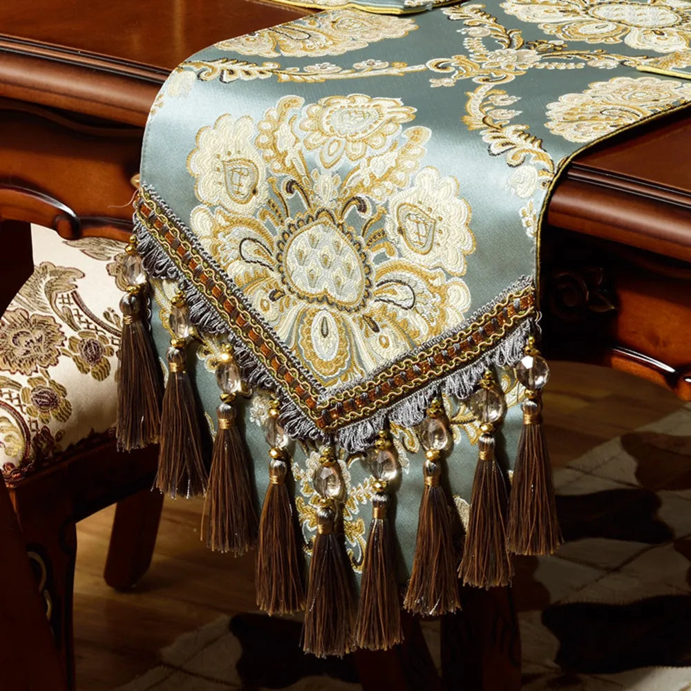 chemin table vert brodé élégant maison scénique polyester coton ornemental serviettes assiettes couverts vin