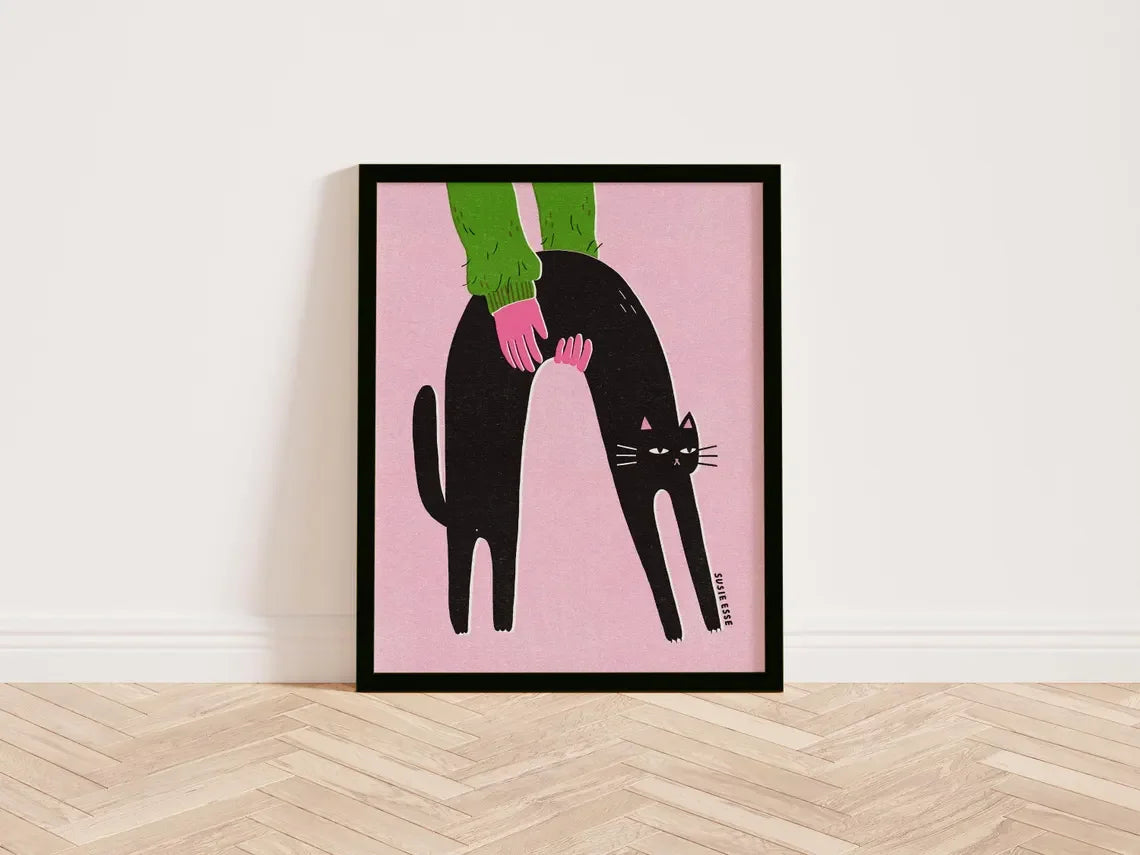 affiche moderne chat blanc illustration main verte rose noire