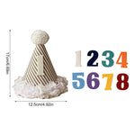 chapeau anniversaire enfant rayures pompon chiffres decoratif festif adhésif blanc marron bleu orange
