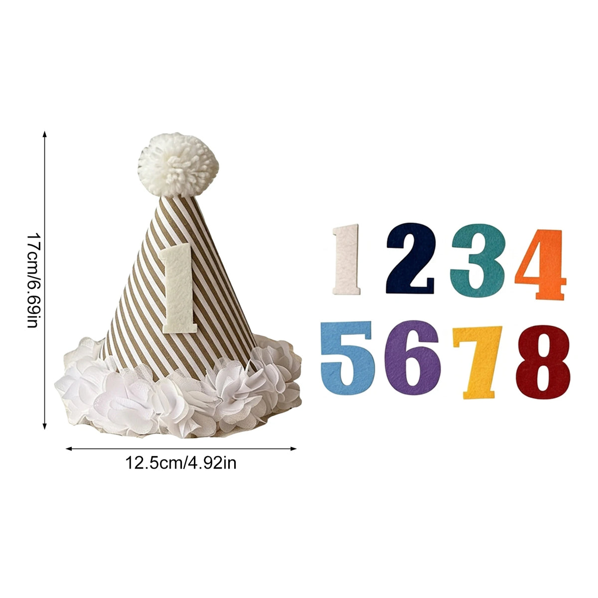 chapeau anniversaire enfant rayures pompon chiffres decoratif festif adhésif blanc marron bleu orange