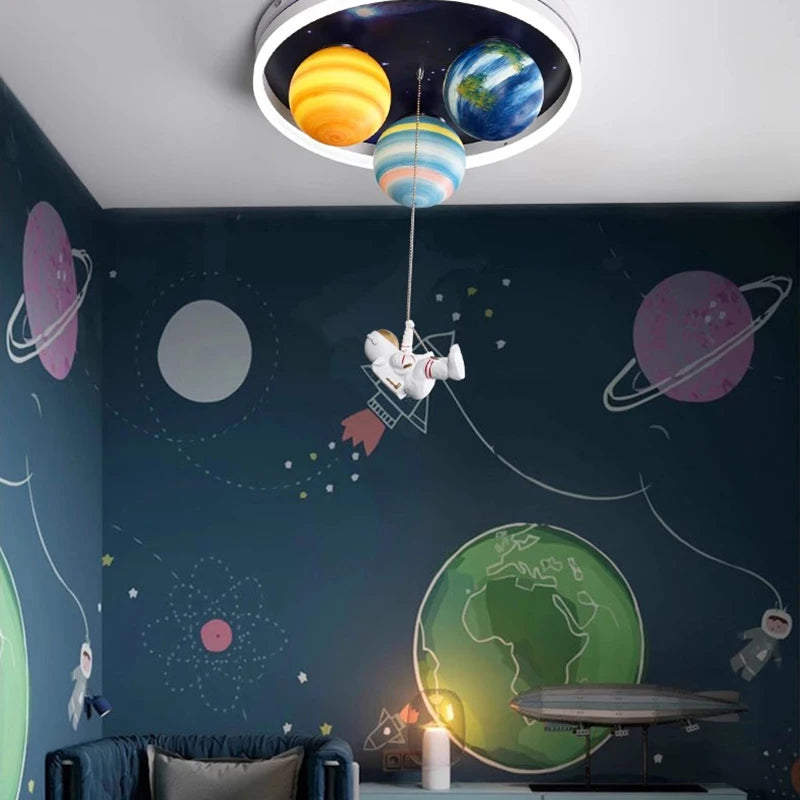 lampe moderne planètes astronaute couleur blanc bleu orange vert