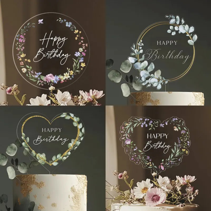 feuilles fleurs transparentes décoration gâteau mariage anniversaire happy birthday mr mrs tringle modernes