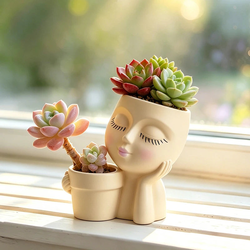 cache pot visage stylisé marron beige plante succulente moderne créatifintérieur décoration pot fleur unique