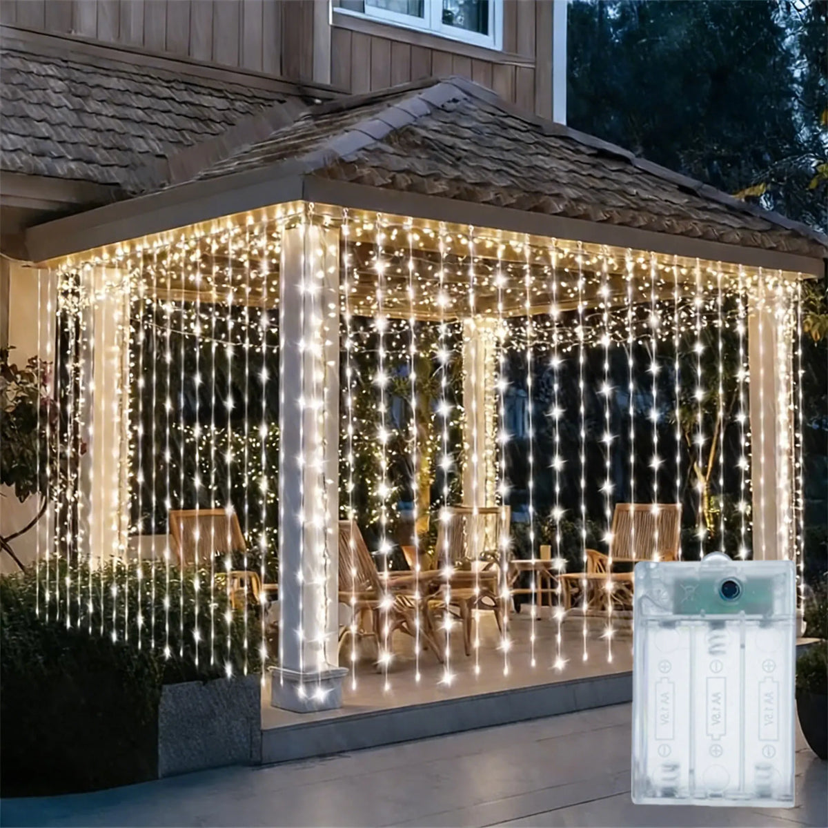 rideau lumineux led blanc moderne 3m 3m 300 leds clips batteries alimentationextérieur decoration