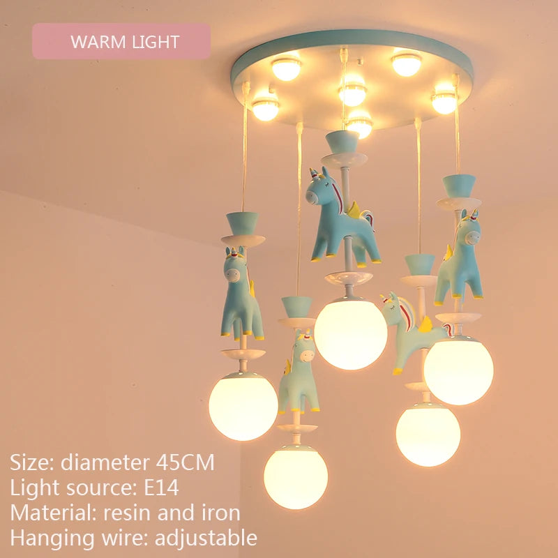 suspension lumineuse verre résine chevaux arc ciel moderne bleu rose enfant blanc contemporain