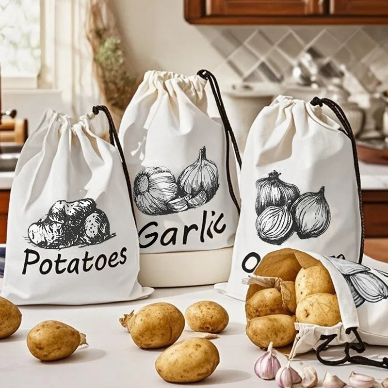 sacs rangement tissu blanc noir ail pommes terre oignon dessin légumes rustique fermé éclair