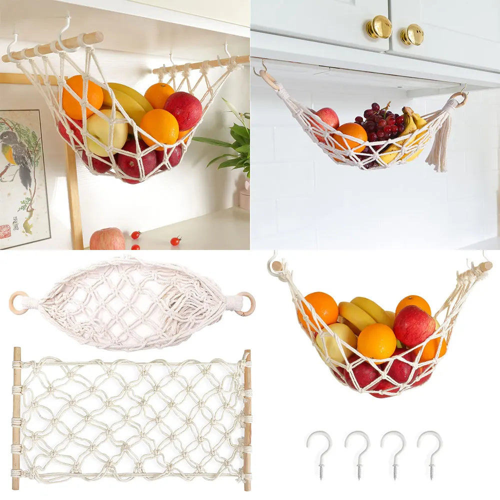 corbeille fruits tissage coton blanc rustique bohème crochet suspension cuisine organisation écologique