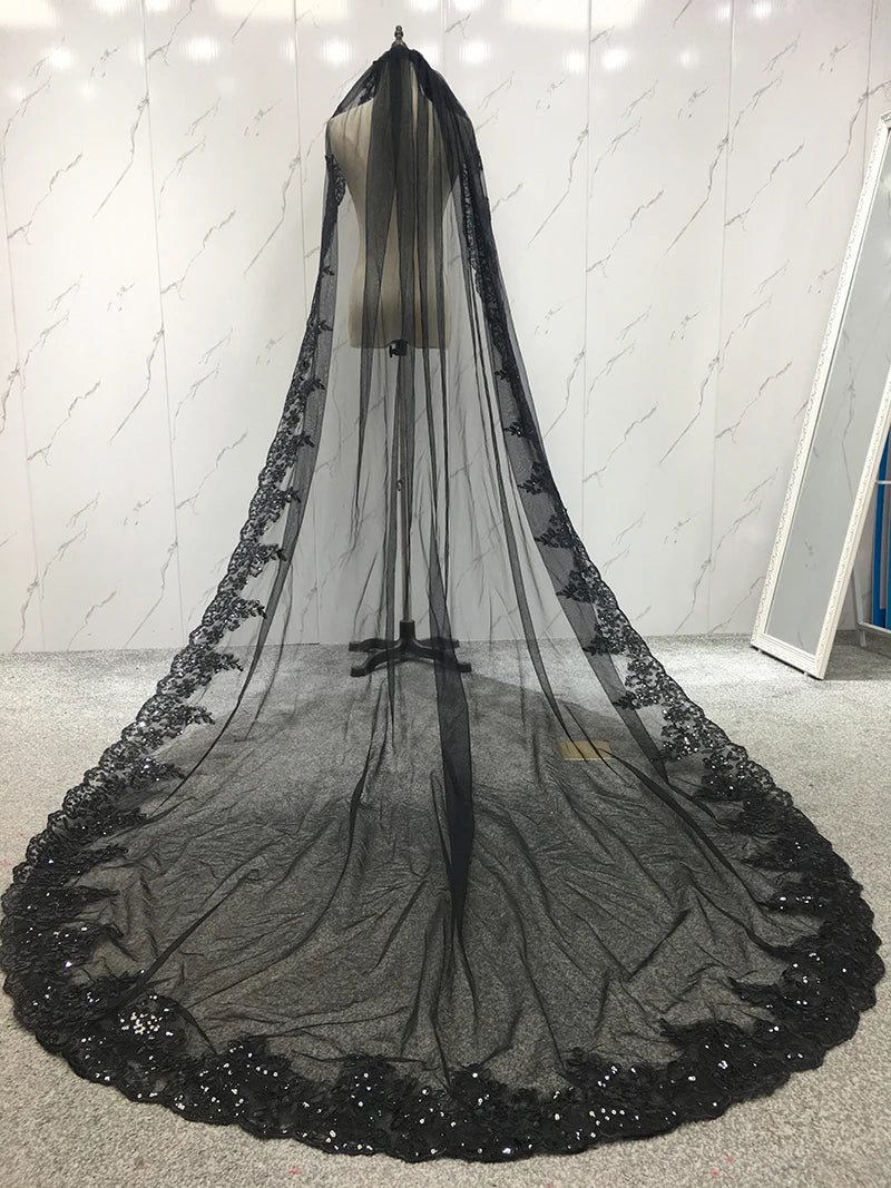 voile mariée classique polyesters sequins dentelle transparente noir rouge vert or blanc femmes